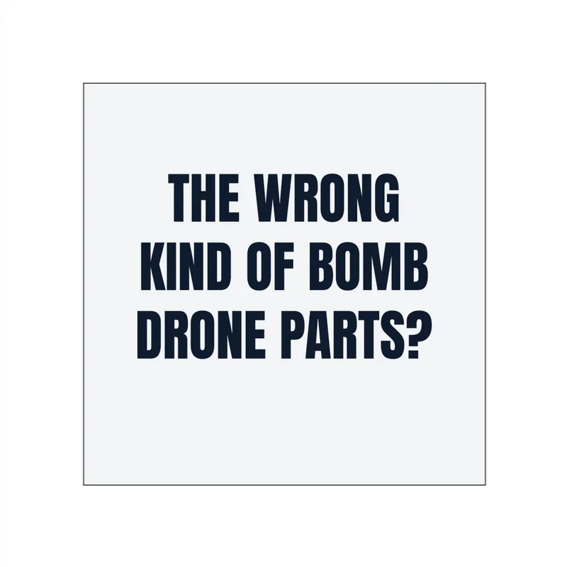 THE WRONG · KIND OF BOMB · DRONE PARTS? in White