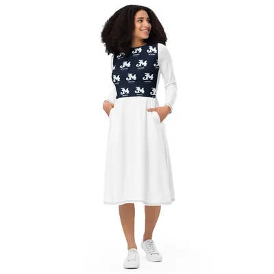 All-Over Print Long Sleeve Midi Dress in White