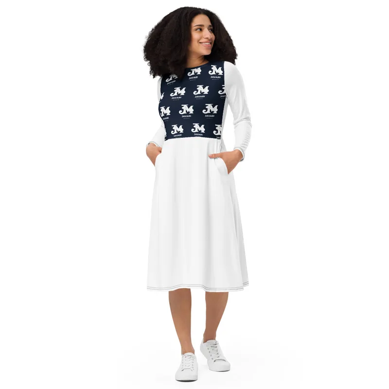 All-Over Print Long Sleeve Midi Dress in White