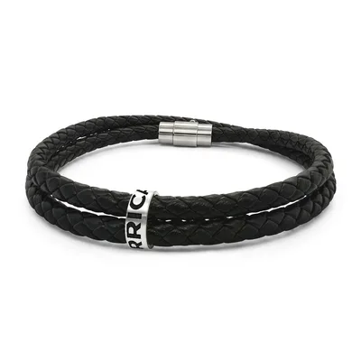 Leather Bracelet with Beads (Engraving) in Stainless Steel