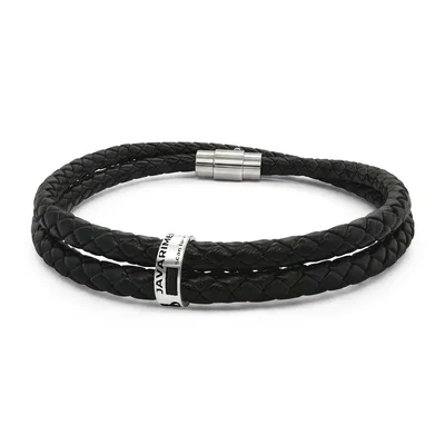Leather Bracelet with Beads (Engraving) in Stainless Steel