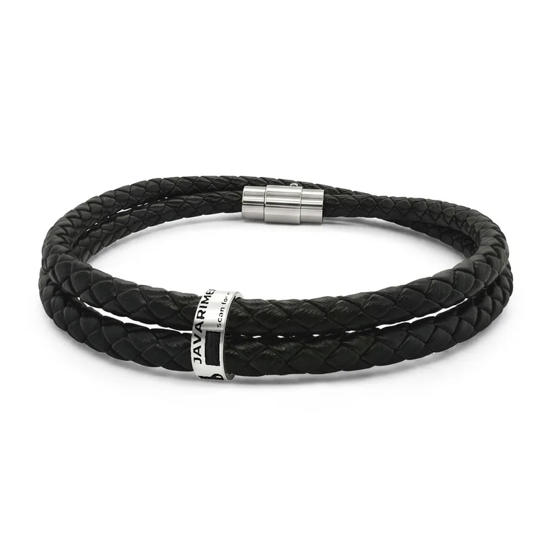 Leather Bracelet with Beads (Engraving) in Stainless Steel